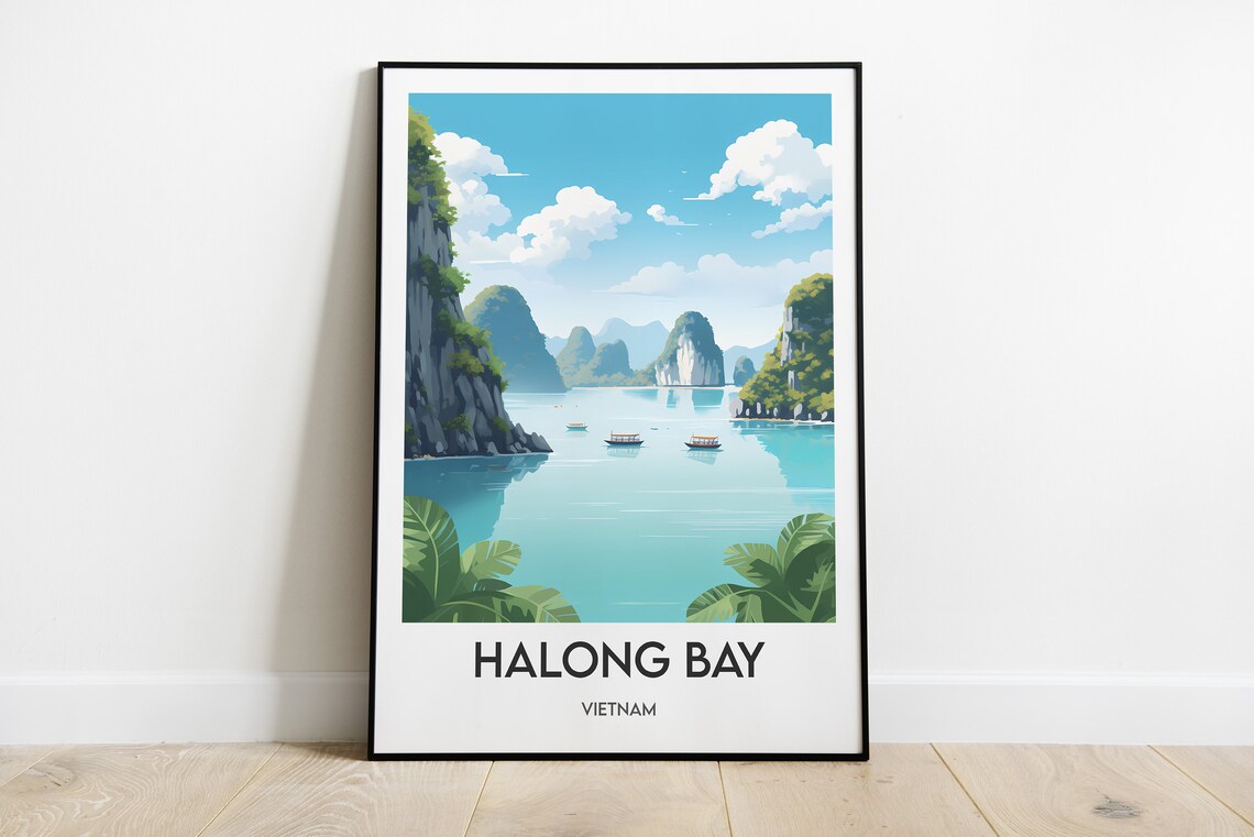 Halong Bay Limestone Karsts Boats Vietnam Seascape Travel Poster