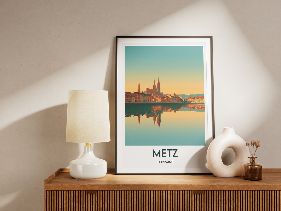 Metz Lorraine France Cathedral Sunset Reflection River Poster - Image 2