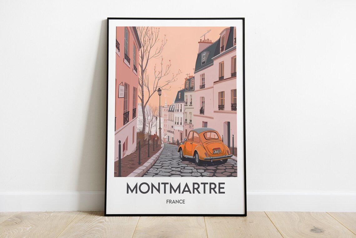 Montmartre France Paris Cobblestone Street Vintage Beetle Poster