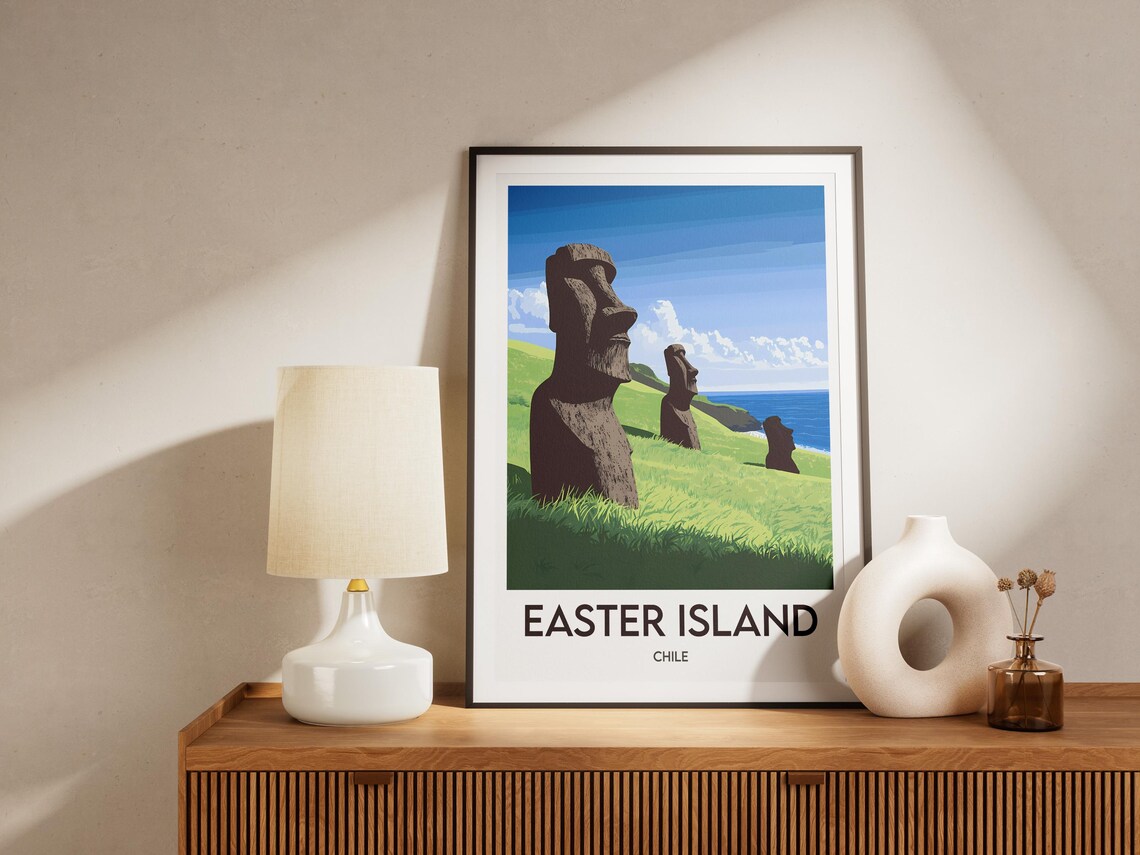 Easter Island Chile Travel Poster Moai Statues Green Hills Island Decor Art - Image 2