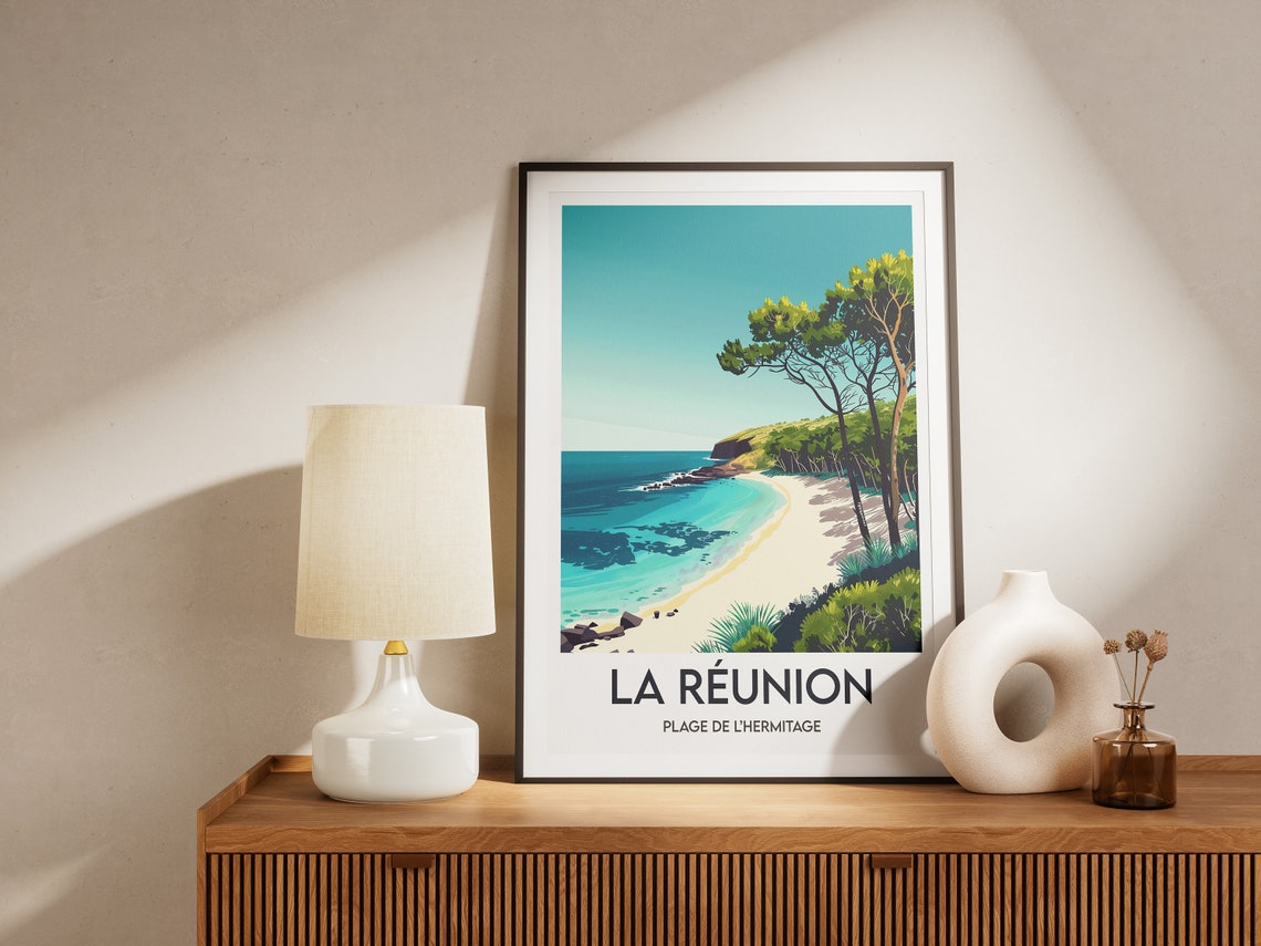 La Reunion Plage de lHermitage Curving Beach and Pines Poster - Image 2