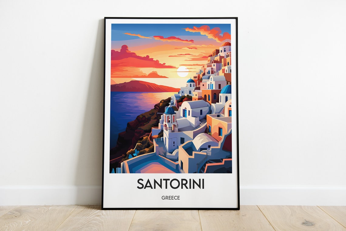 Santorini Sunset Caldera White Village Greece Island Travel Poster