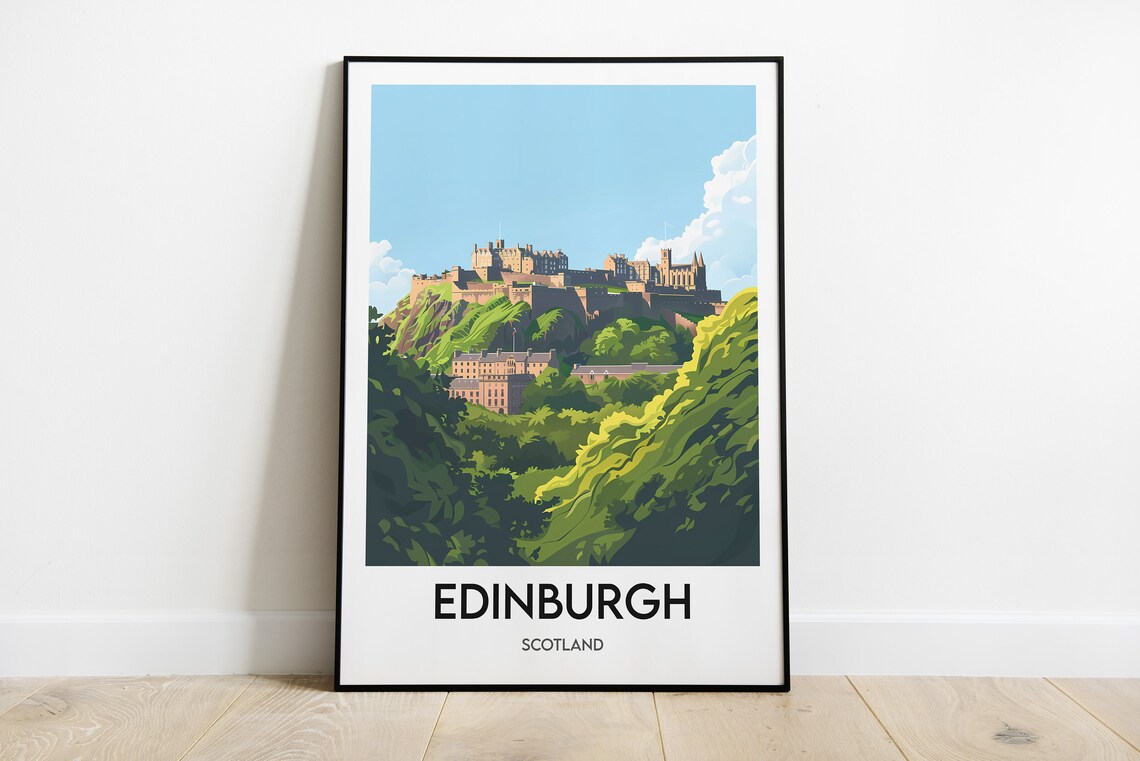 Edinburgh Castle Hilltop Green Hills Scotland City Travel Poster