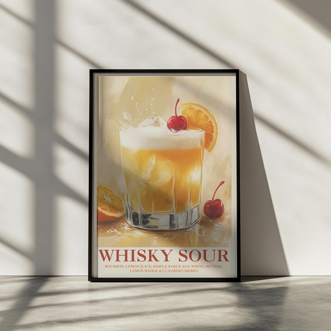 Whisky Sour Bourbon Cocktail Recipe Vintage Style Bar Wall Poster