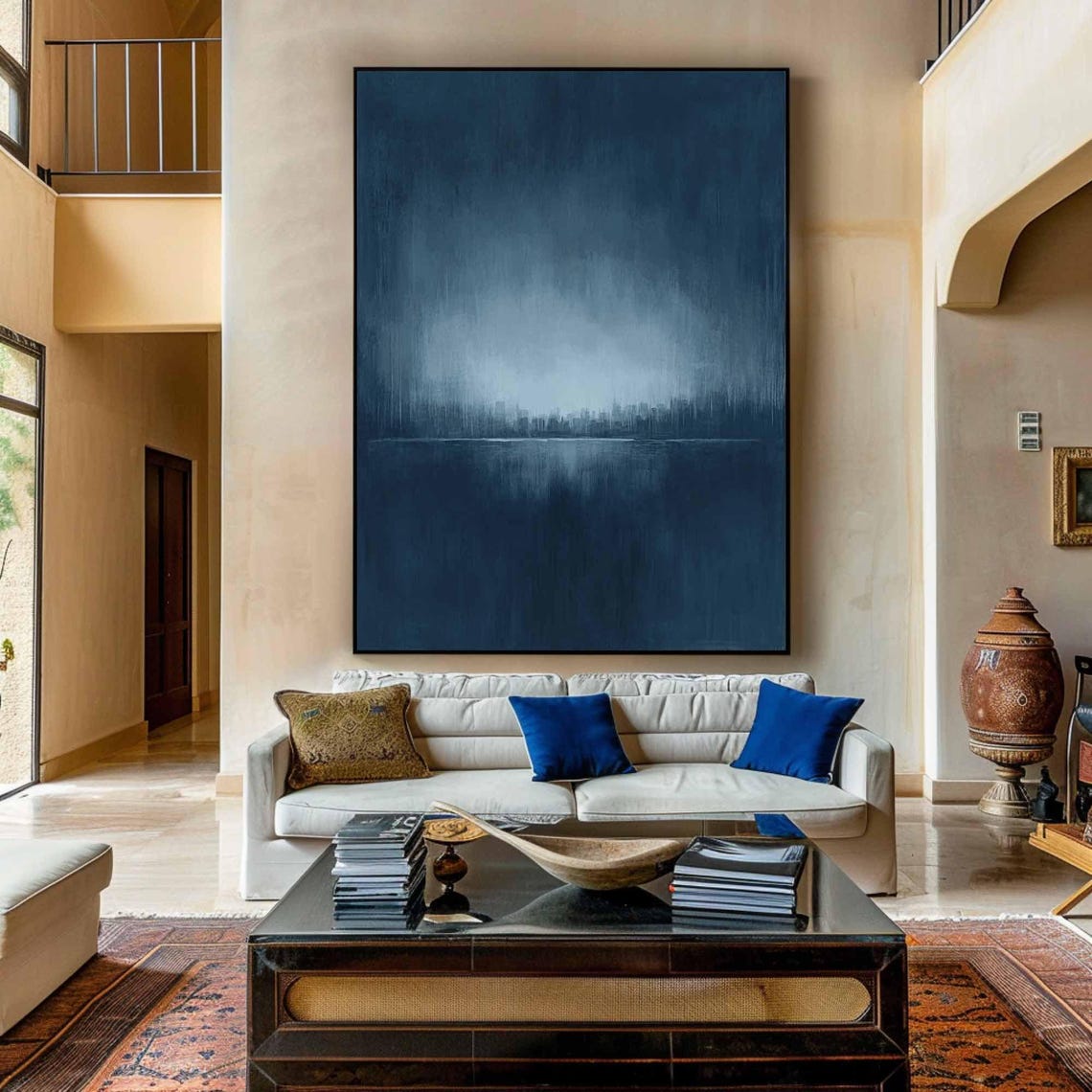 Dark Blue Minimalist Abstract Painting Misty Horizon Texture Wall Art - Image 2