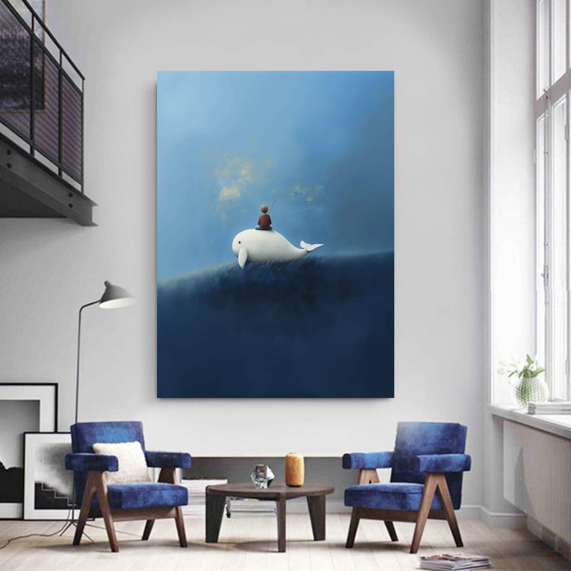 Boy Fishing on Whale Deep Blue Midnight Sea Surreal Night Art Poster - Image 2