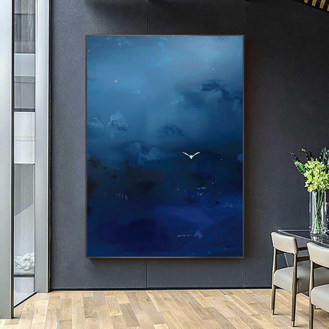 Deep Blue Starry Night Sky Moon and Birds Abstract Painting Poster - Image 2