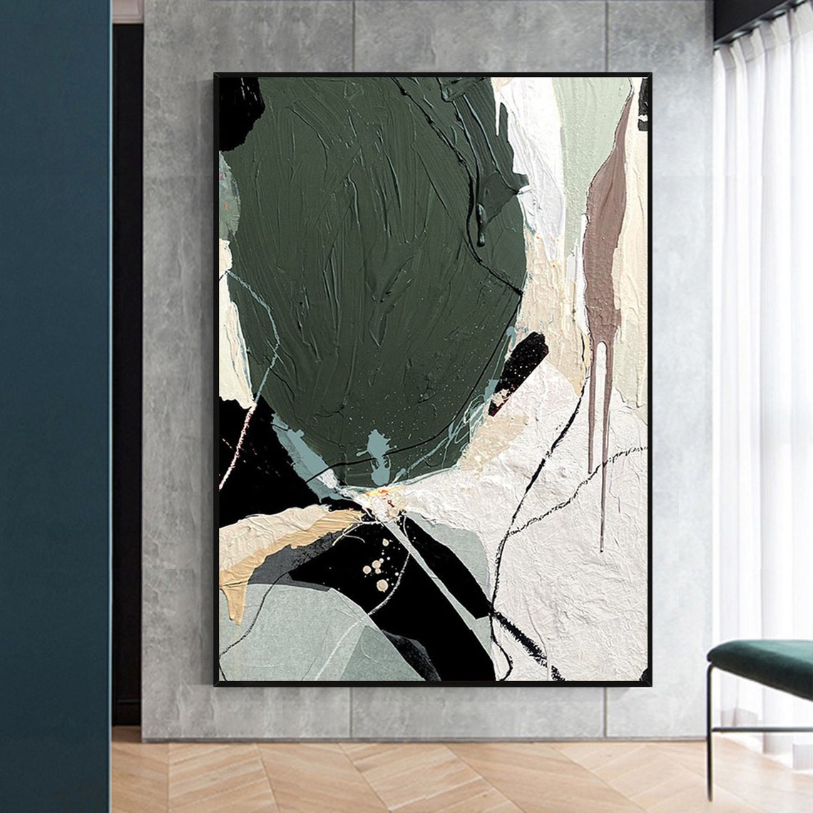 Bold Green Cream Black Modern Impasto Abstract Artwork Poster - Image 3