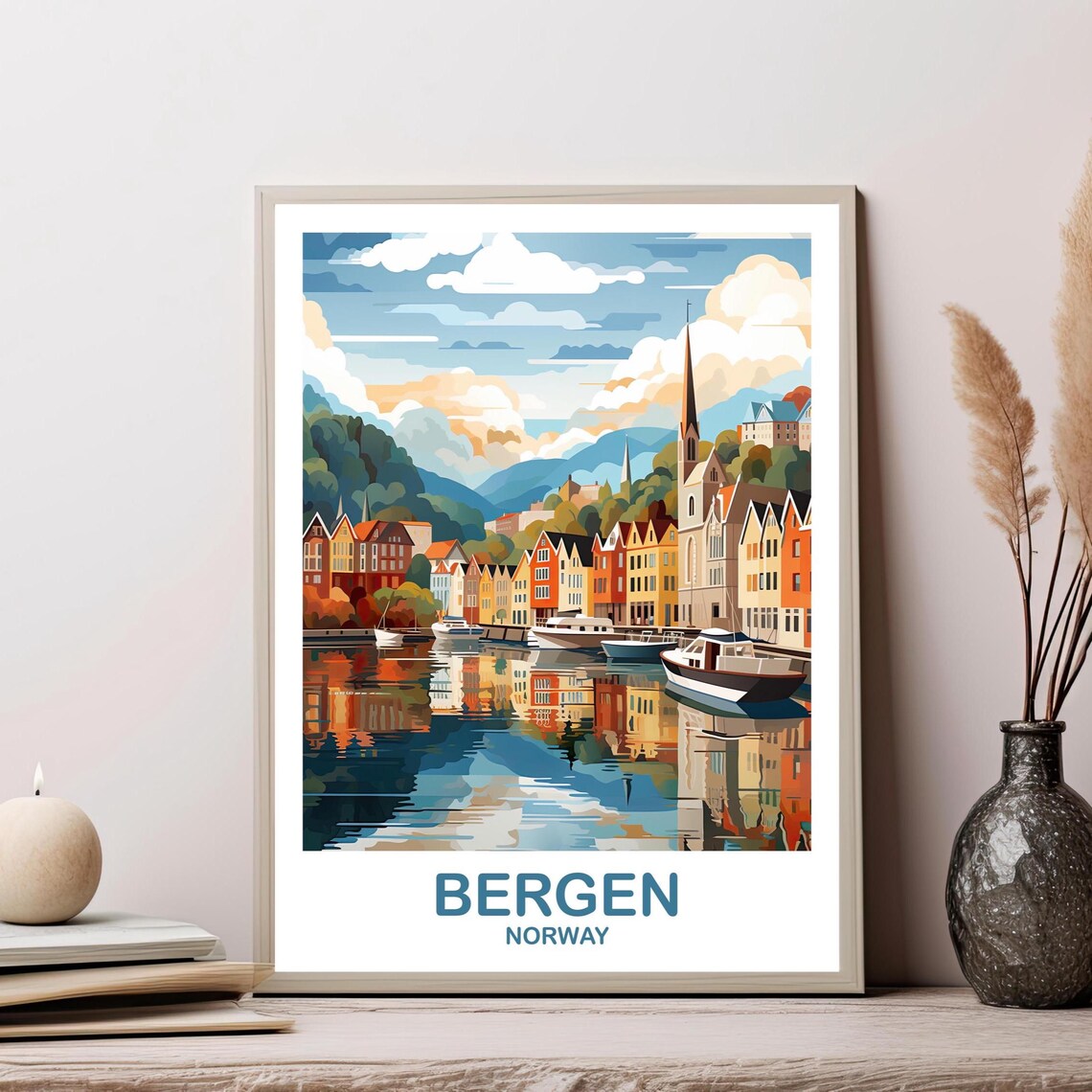 Bergen Norway Colorful Harbor Reflections Church Spire Poster
