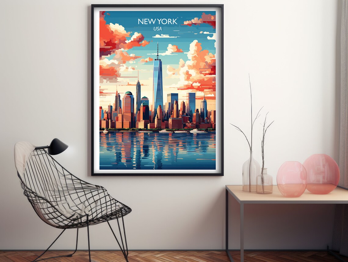 New York City Skyline Sunset Harbor Boats Vintage Travel Art Poster - Image 3