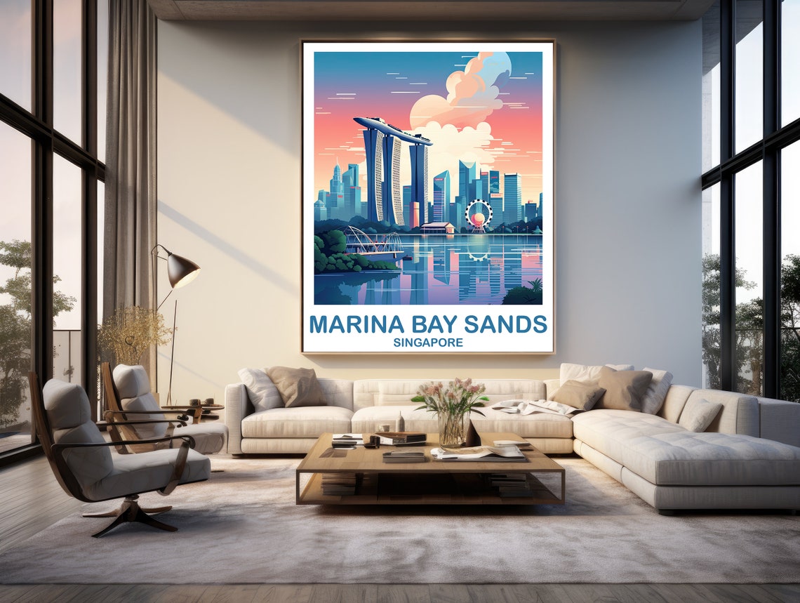 Marina Bay Sands Singapore Sunset Retro Vintage Travel Poster - Image 2