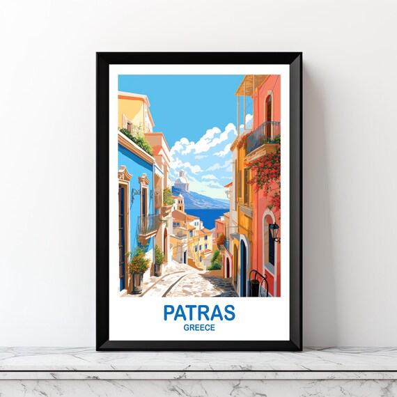 Patras Greece Travel Colorful Old Town Street Sea View Souvenir Poster