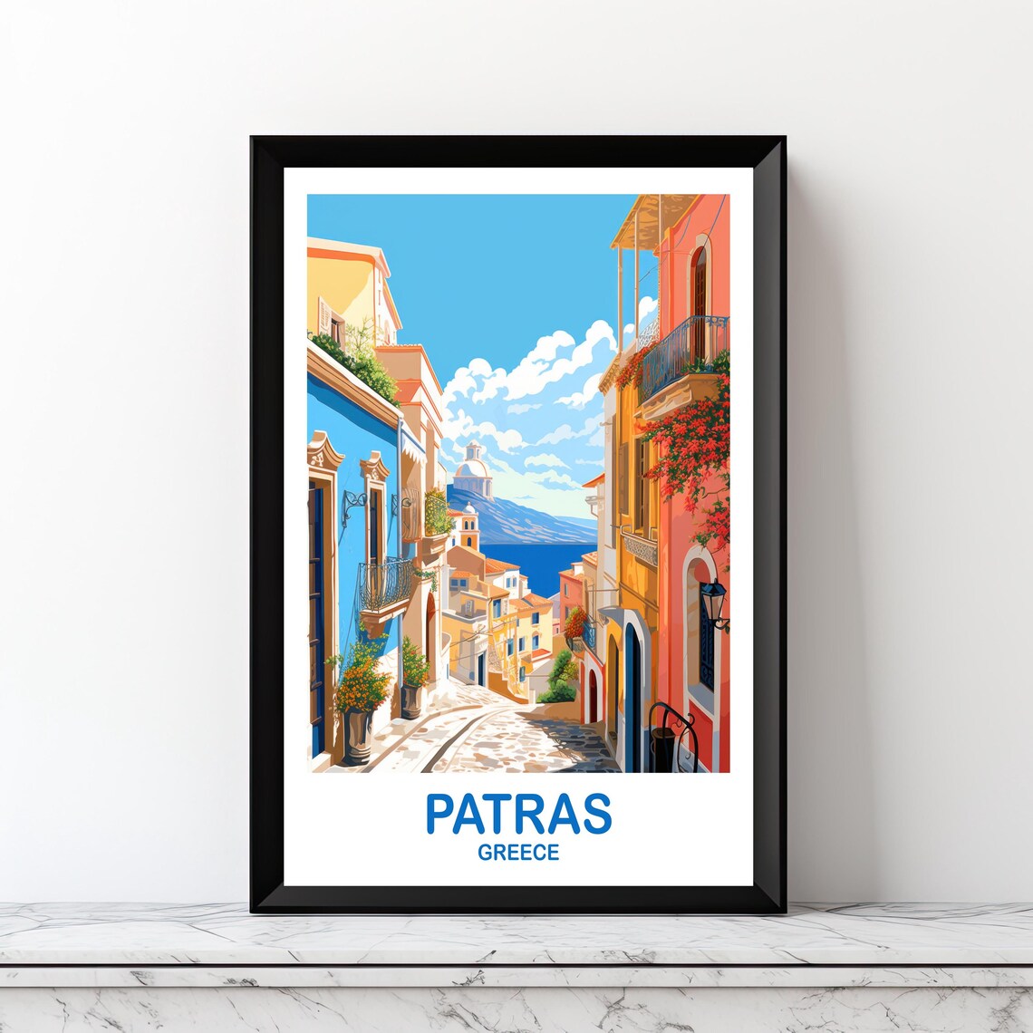 Patras Greece Travel Colorful Old Town Street Sea View Souvenir Poster