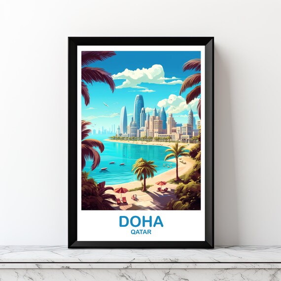 Sunny Doha Qatar Beach Palm Trees Skyline Retro Travel Art Poster