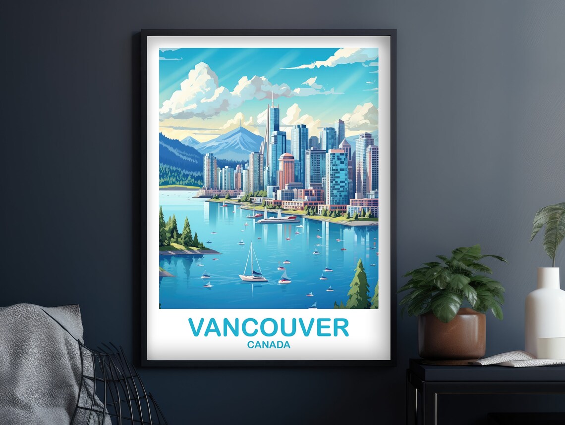 Vancouver Harbor Skyline Mountains Sailboats Travel Style Poster - Image 3