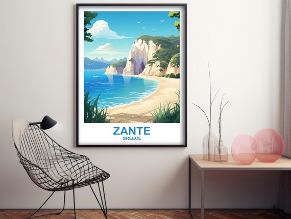 Zante Greece Sandy Beach Travel Poster With White Cliffs and Sea View