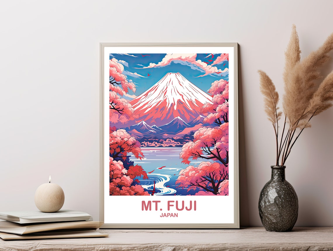 Mount Fuji Tranquil Lake Cherry Blossom Trees Blue Sky Poster - Image 2
