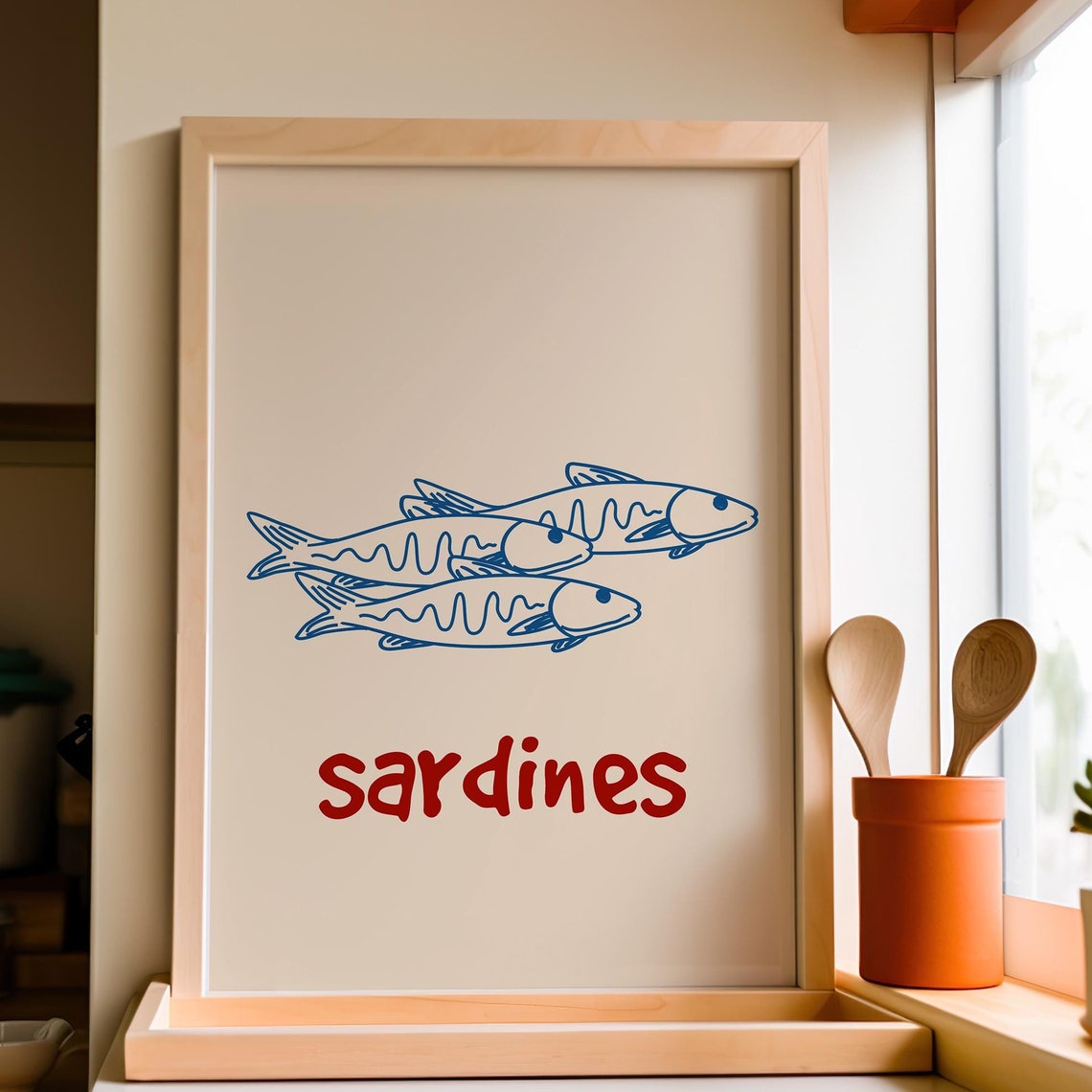 Retro Sardines Three Blue Fish Line Drawing Coastal Kitchen Poster