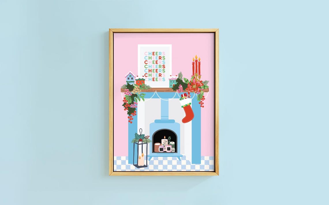 Cheers Text Christmas Fireplace Stocking Garland Holiday Art Print