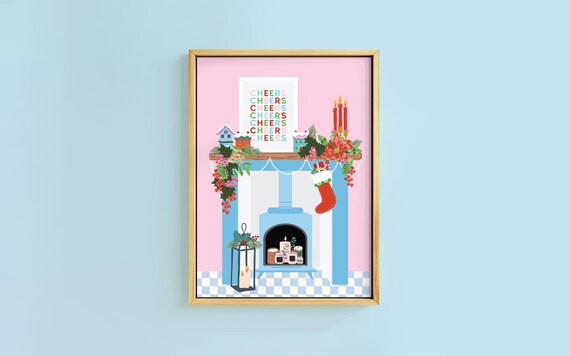 Cheers Text Christmas Fireplace Stocking Garland Holiday Art Print