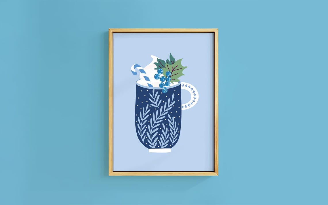 Navy Blue Mug Hot Cocoa Candy Cane Holly Winter Drink Poster