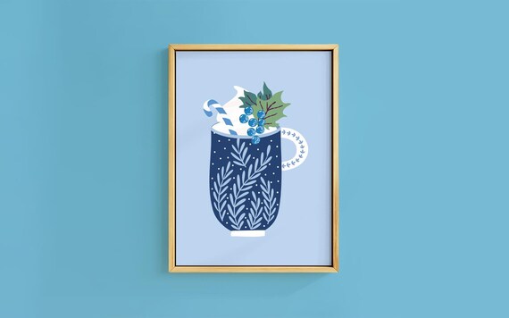 Navy Blue Mug Hot Cocoa Candy Cane Holly Winter Drink Poster