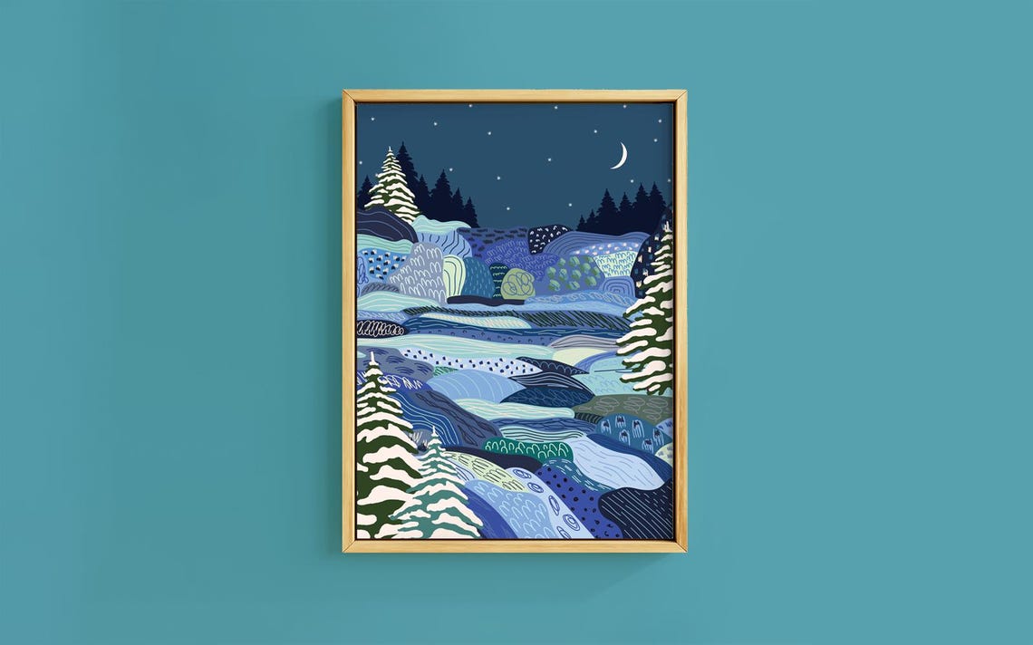 Winter Patchwork Hills Snowy Pines Blue Moonlit Landscape Poster