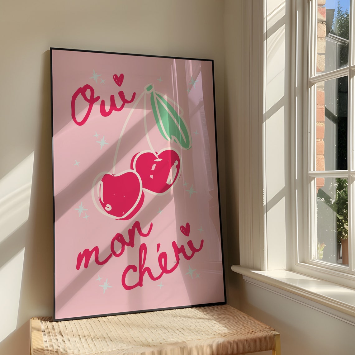 Oui Mon Cheri Cherries Script Pink French Quote Typography Print