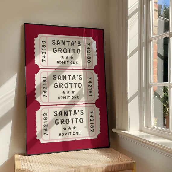 Santas Grotto Ticket Wall Art Print Bold Festive Red Family Artwork Retro Christmas Quote Poster Design