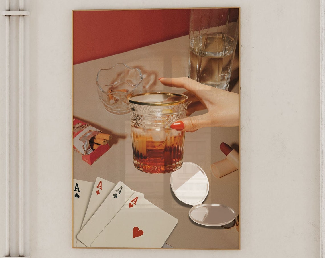 Four Aces Playing Cards and Whiskey Glass Retro Scene Poster