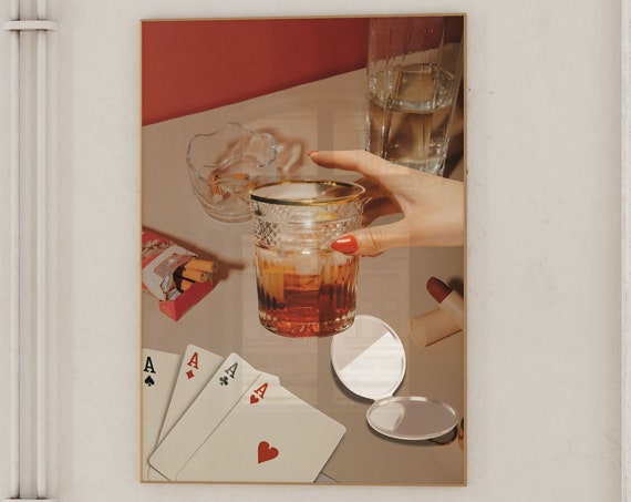 Retro Print Cards And Drinks Wall Print Blue Poker Night Cards Drinks Retro Print Large Bar Cart Decor