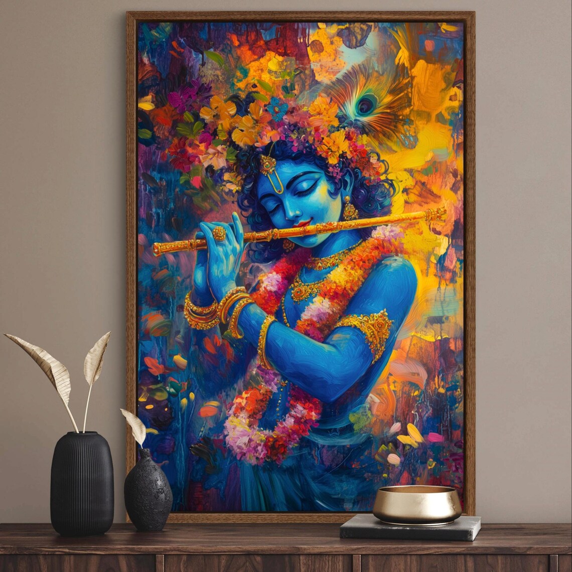 Lord Krishna Hindu God Painting Print With Flute