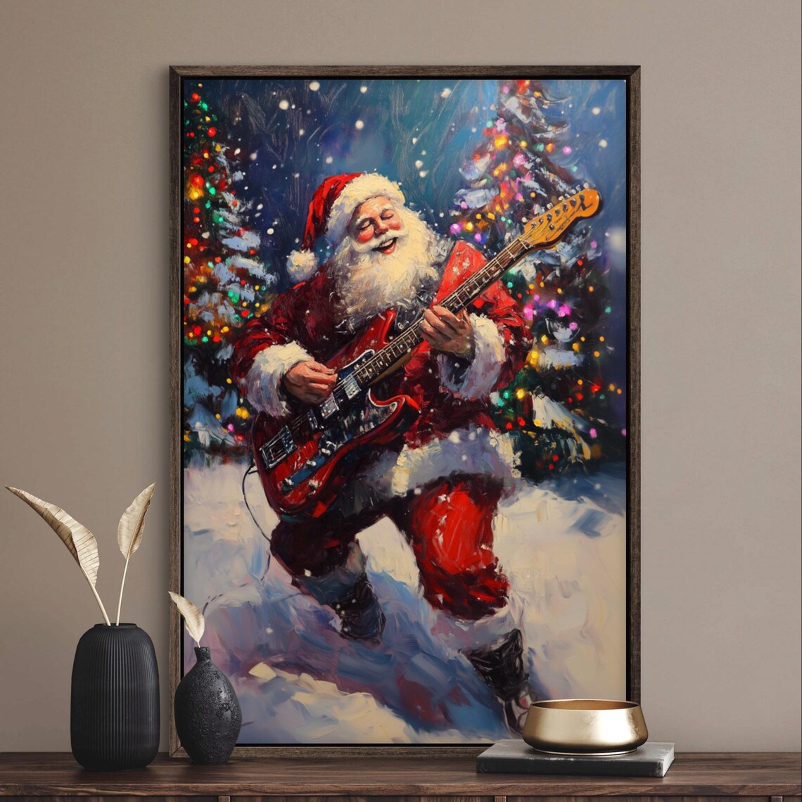 Rocking Santa Claus Electric Guitar Snowy Forest Christmas Poster