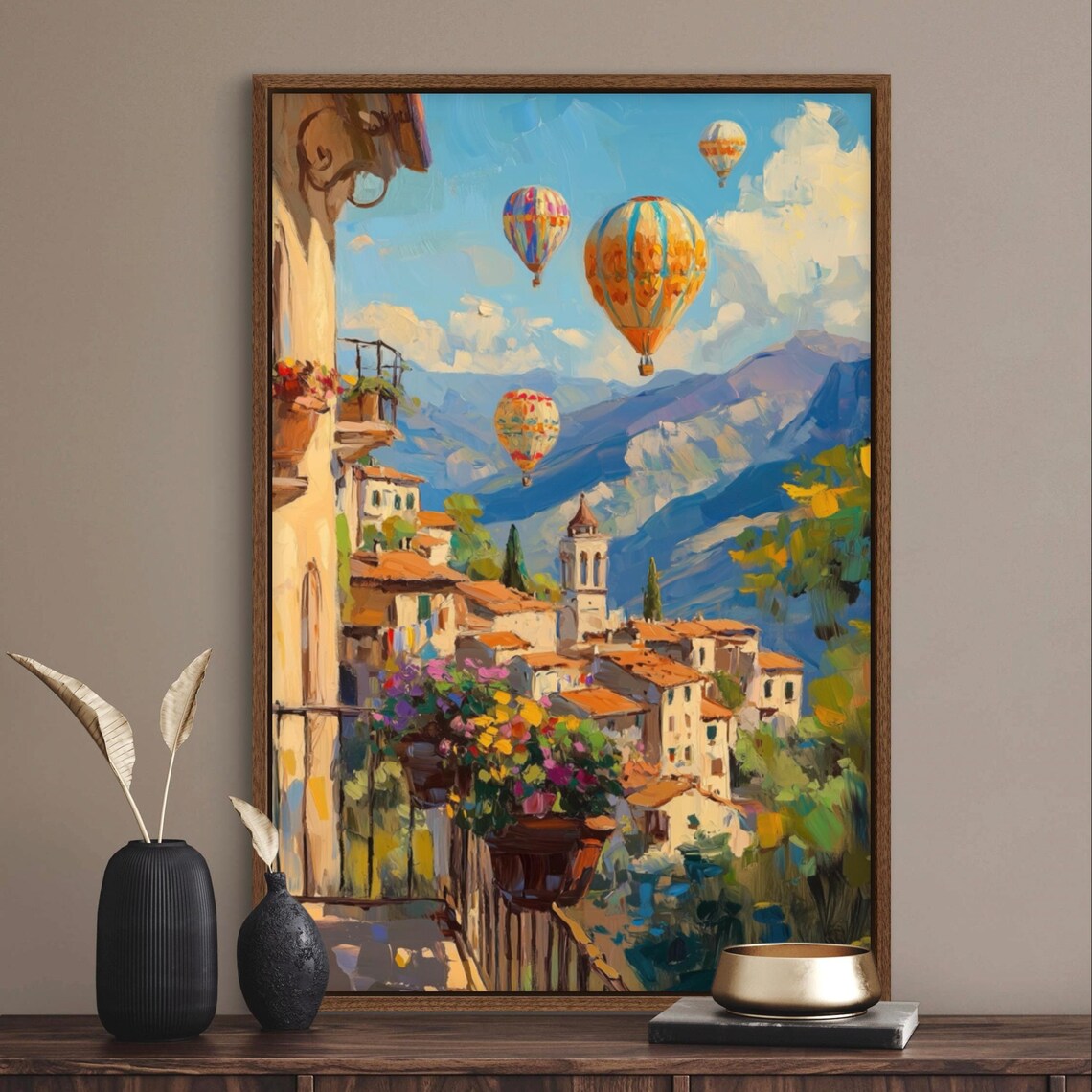 Hot Air Balloons Over Italian Village, Rustic Art Print