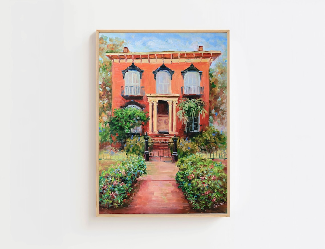 Historic Savannah Red Brick Mansion With Garden Painting Poster