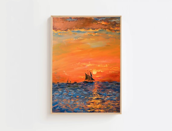 Orange Sunset Sailboats Textured Sea Impressionist Painting Poster