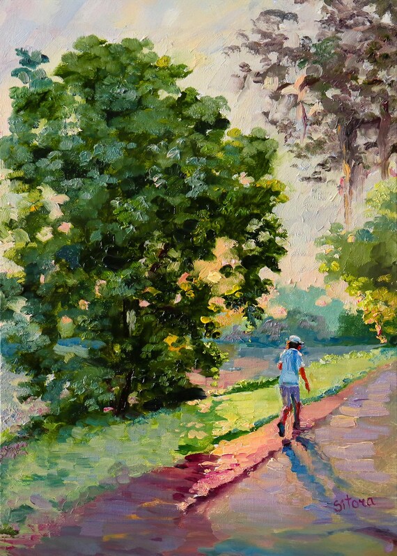 Lakeside Path Morning Walk Impressionist Nature Oil Painting Poster