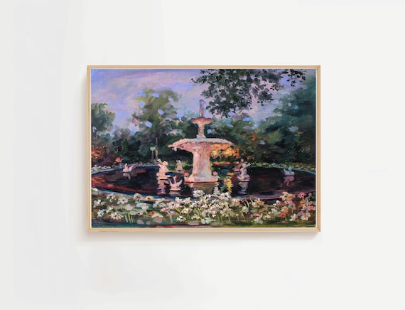 Savannah Forsyth Park Fountain Daytime Floral Oil Painting Poster