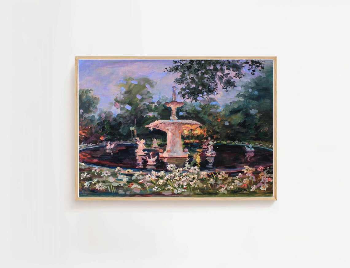 Savannah Forsyth Park Fountain Daytime Floral Oil Painting Poster