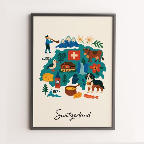 Switzerland Print Wall Art Poster Country Illustration Relaxed Decor Unique Artwork Only