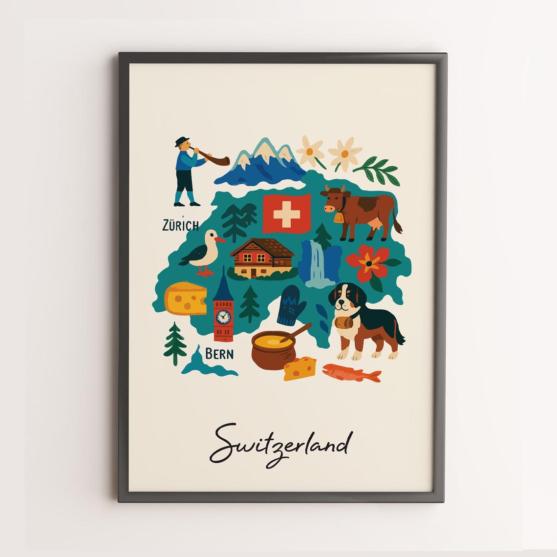 Switzerland Print Wall Art Poster Country Illustration Relaxed Decor Unique Artwork Only