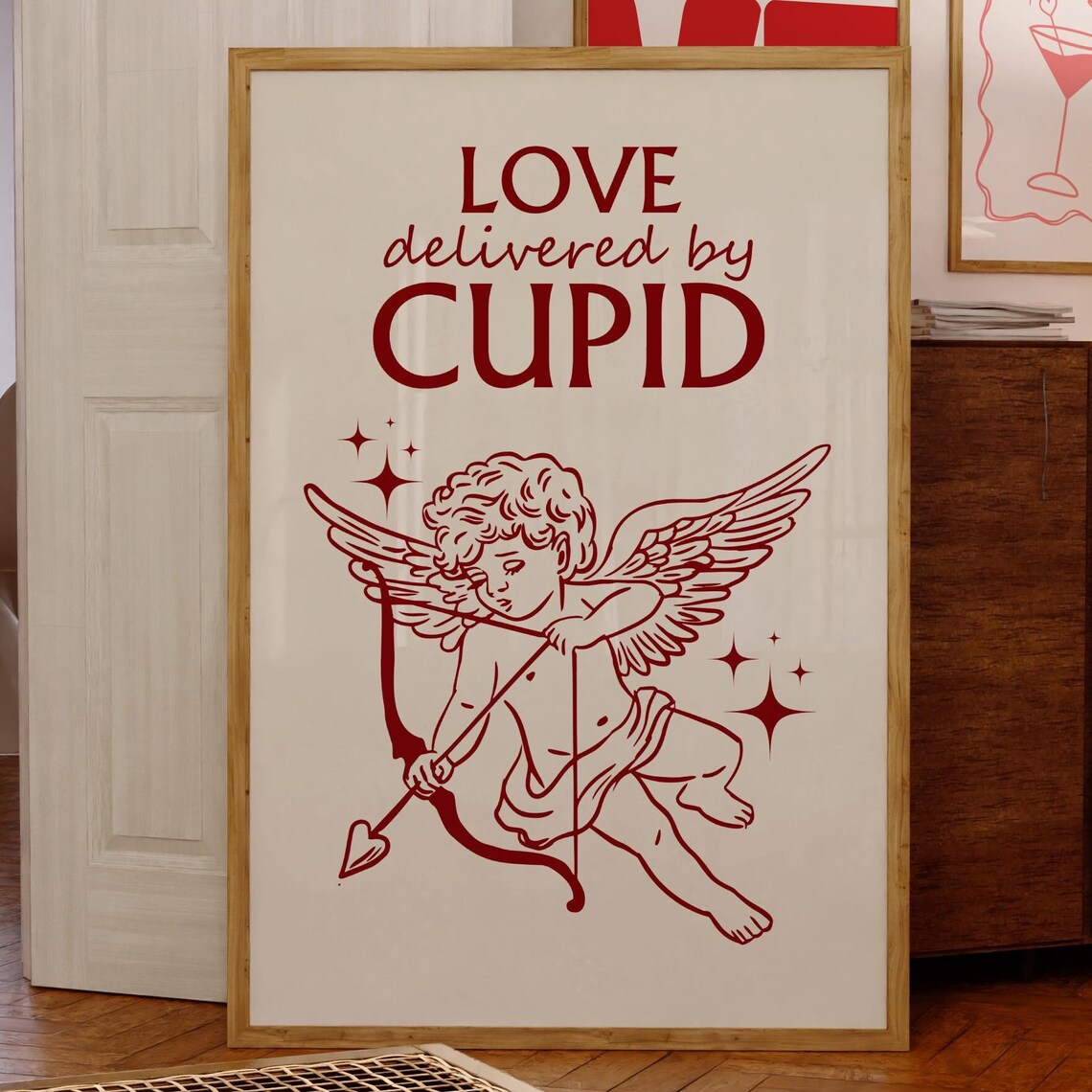 Love Delivered By Cupid Retro Cherub Valentine Red Line Art Poster