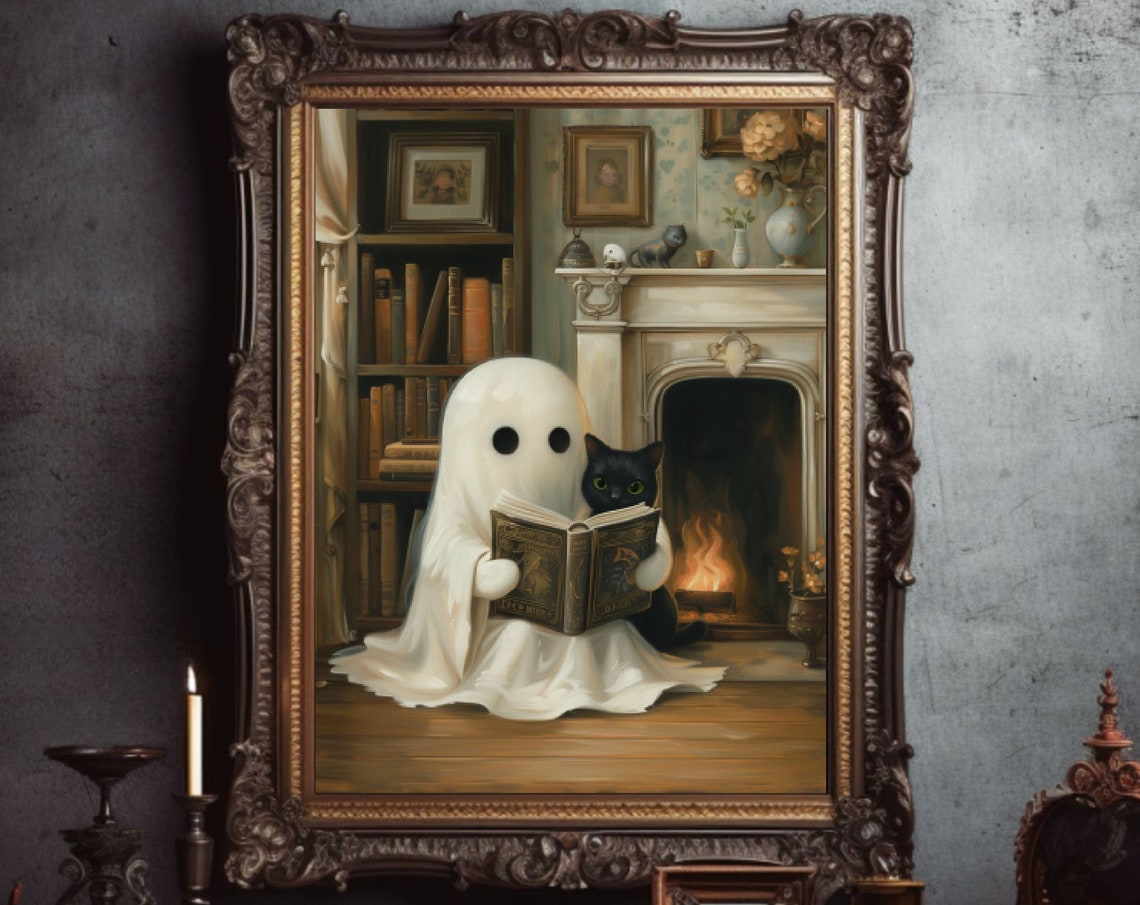 Cute Ghost Reading a Book With Black Cat by the Fireplace Poster