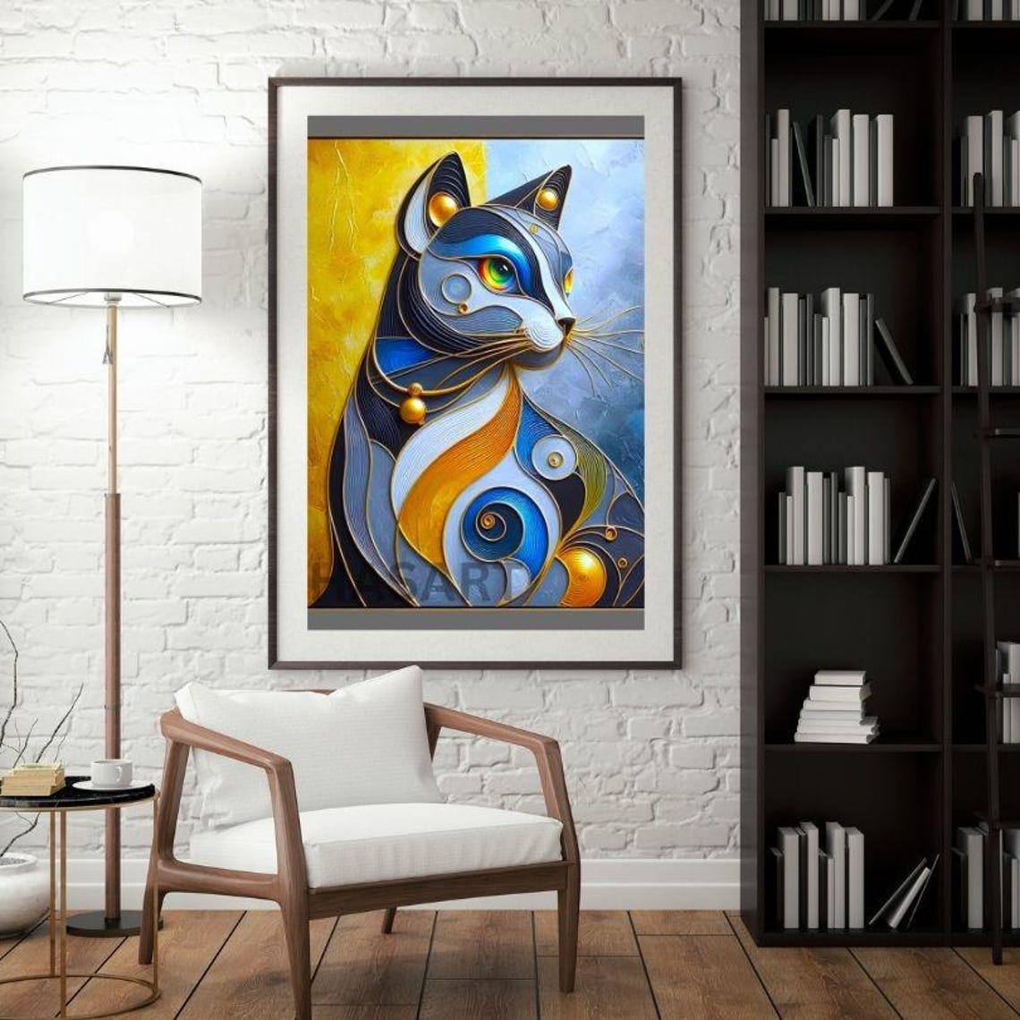 Blue Gold Silver Swirling Cat Face Modern Abstract Art Poster - Image 3