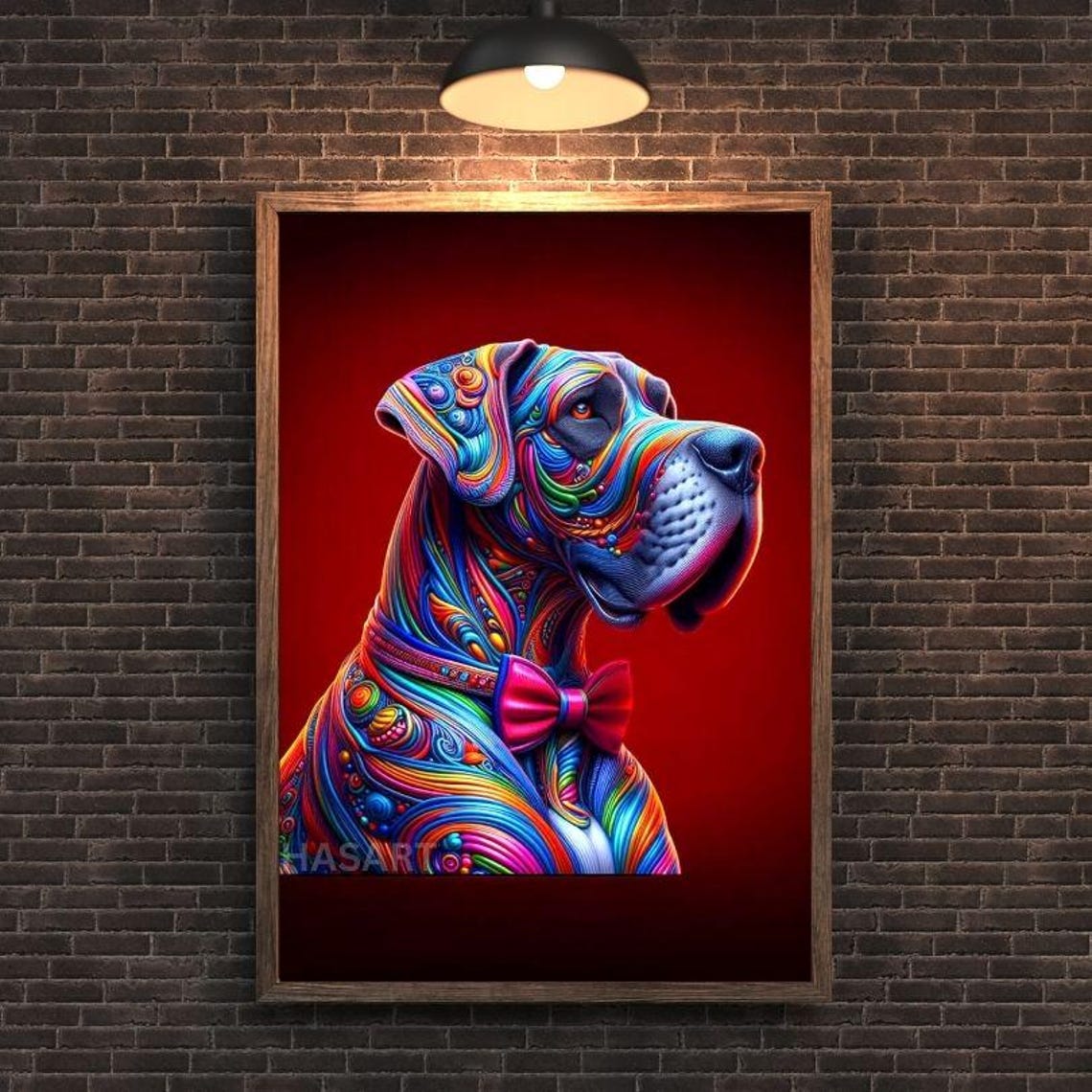 Rainbow Swirl Dog with Pink Bow Tie on Bold Red Pop Art Poster
