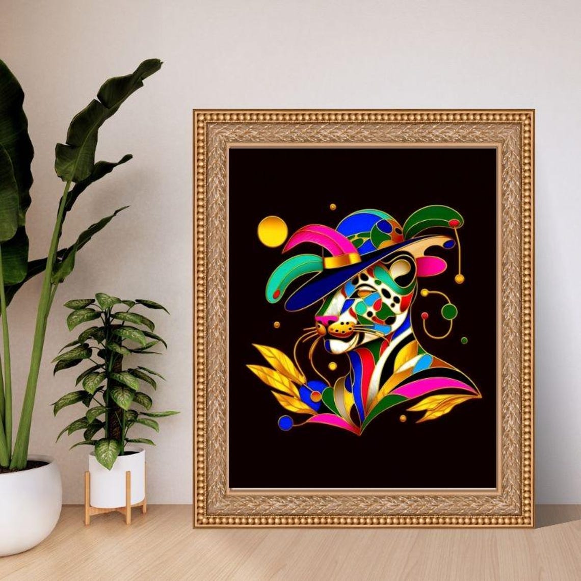 Multicolor Leopard Face Carnival Feathered Hat Pop Art Poster - Image 3