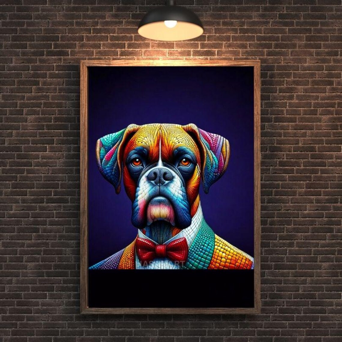 Dapper Boxer Dog in Suit and Red Bow Tie Stained Glass Art Poster