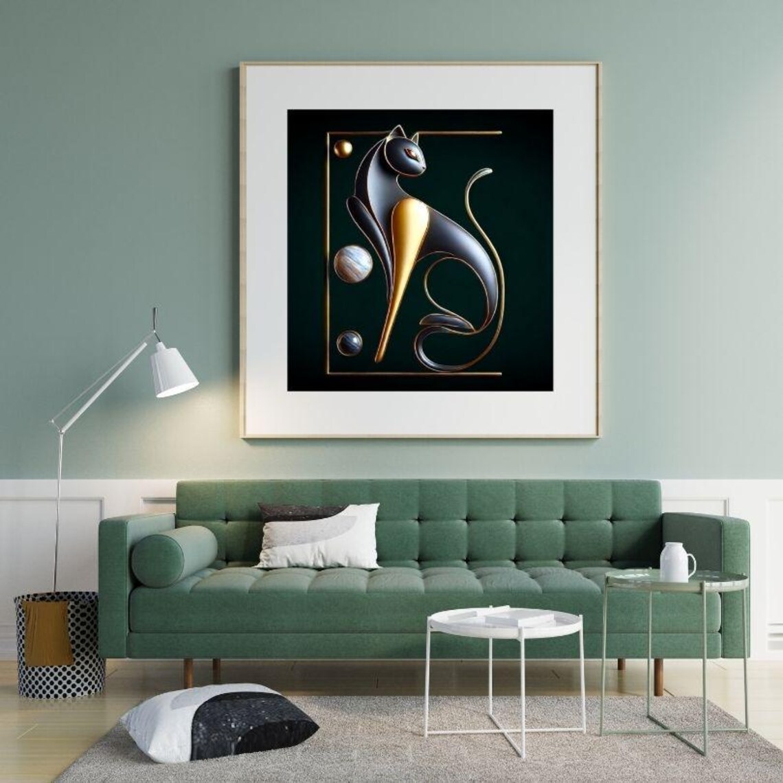 Sleek Black and Gold Geometric Cat Sitting in Deco Style Art Poster - Image 3