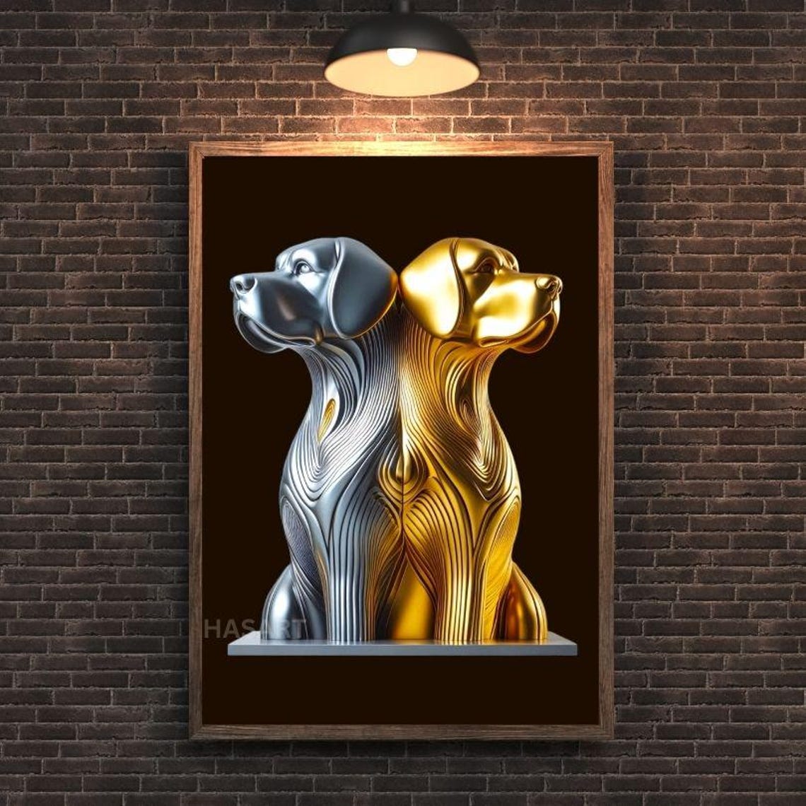 Twin Silver and Gold Dog Heads in a Mirrored Sculpture Poster