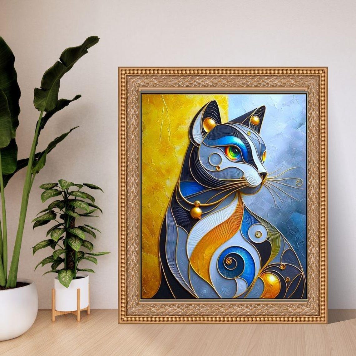 Blue Gold Silver Swirling Cat Face Modern Abstract Art Poster - Image 2